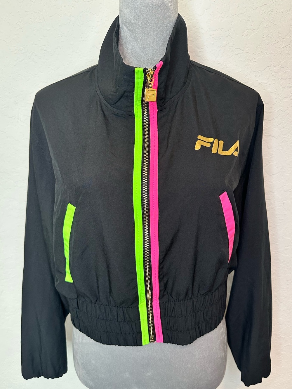 Fila Cropped Track Jacket Black Neon Zip Windbreaker Retro Y2K Women’s M